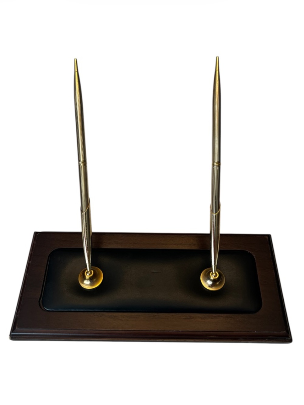 Dacasso 2-Pen Desk Stand Leather and Dark Wood Base, Gold Tone